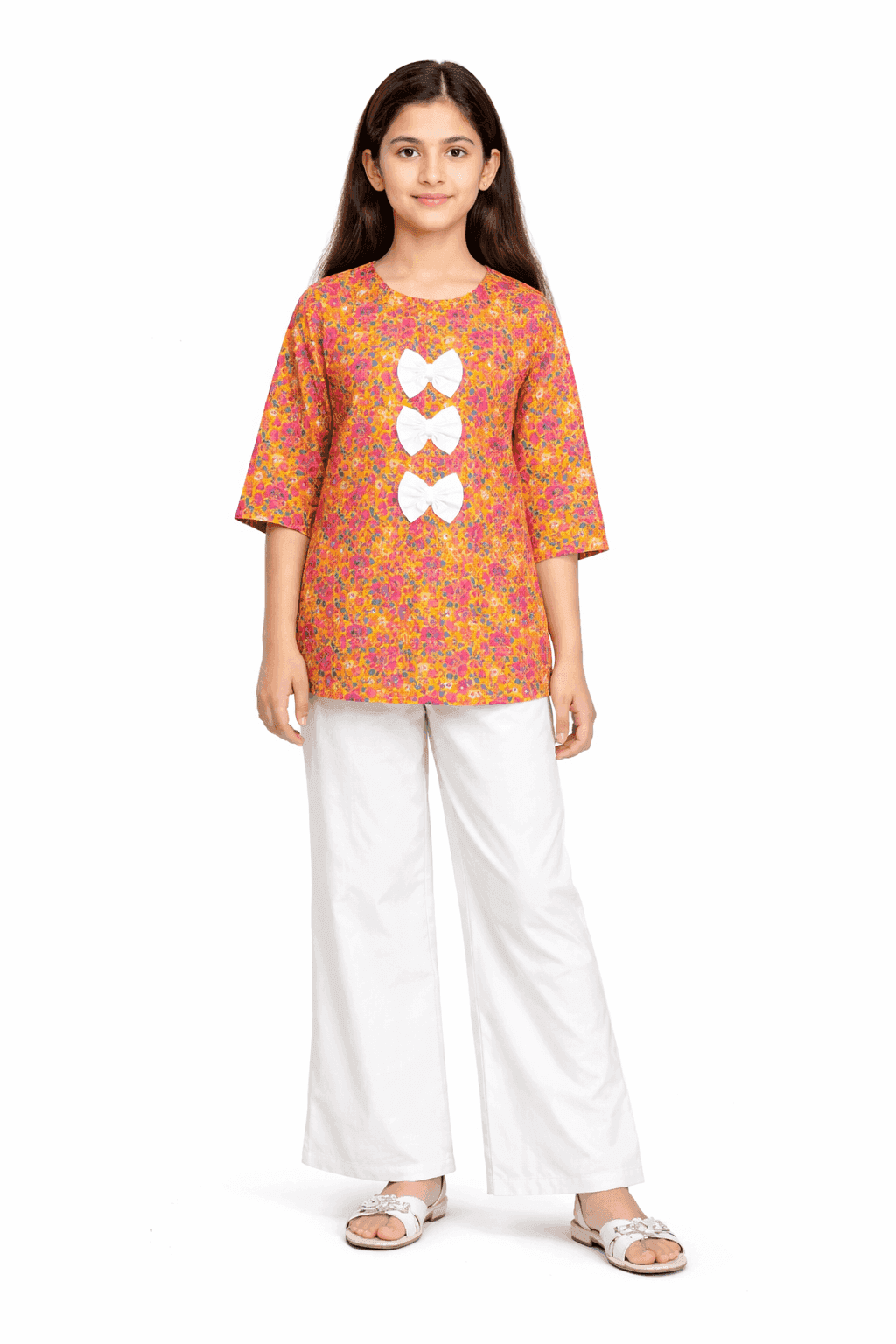 Pink Flowers Garden Pleatts Cotton Top With Flapper Trouser - Mustard & Off White