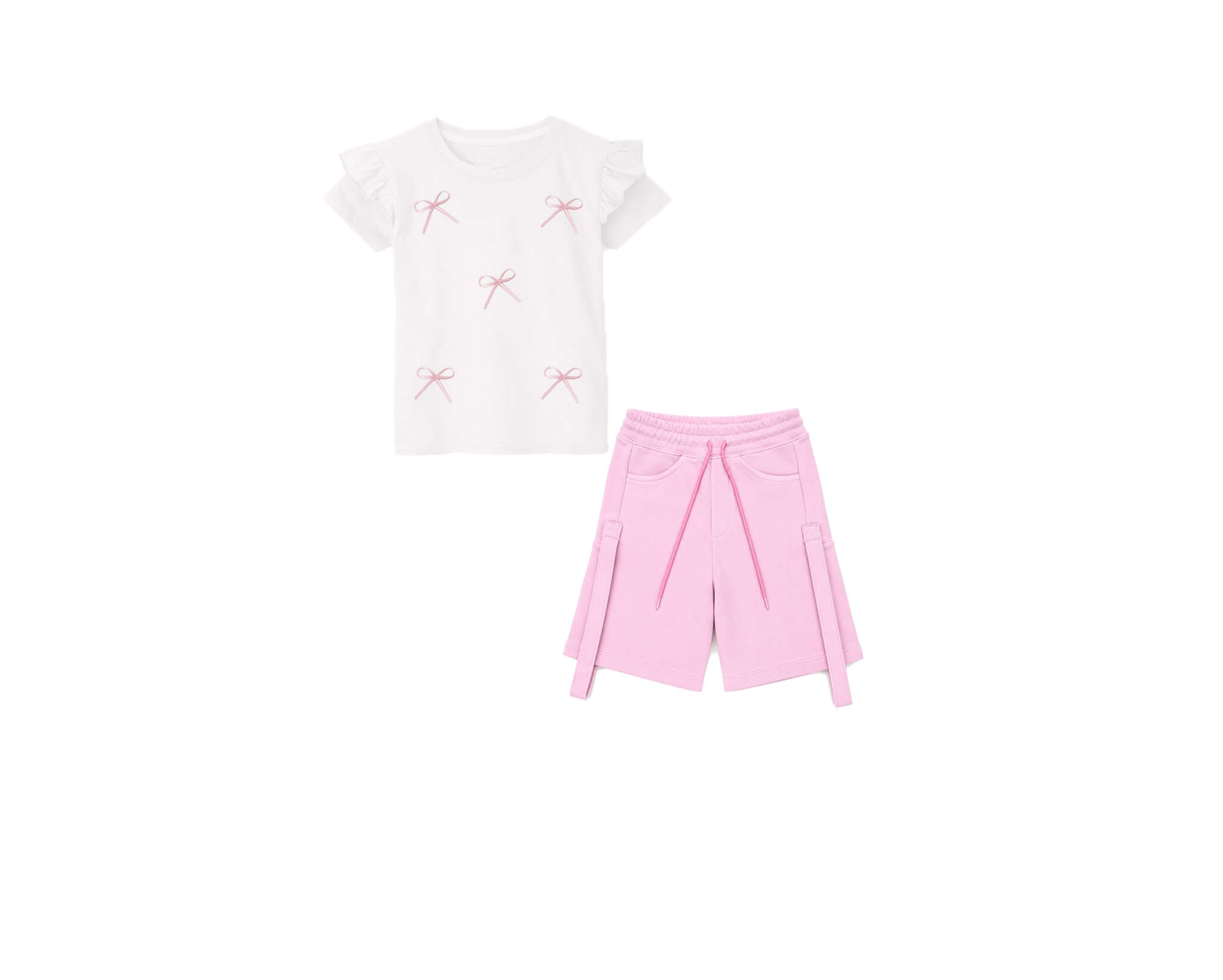 Pink Little Ribbons Bow Frill Sleeves Tee & Cargo Terry Short - White & Pink-2