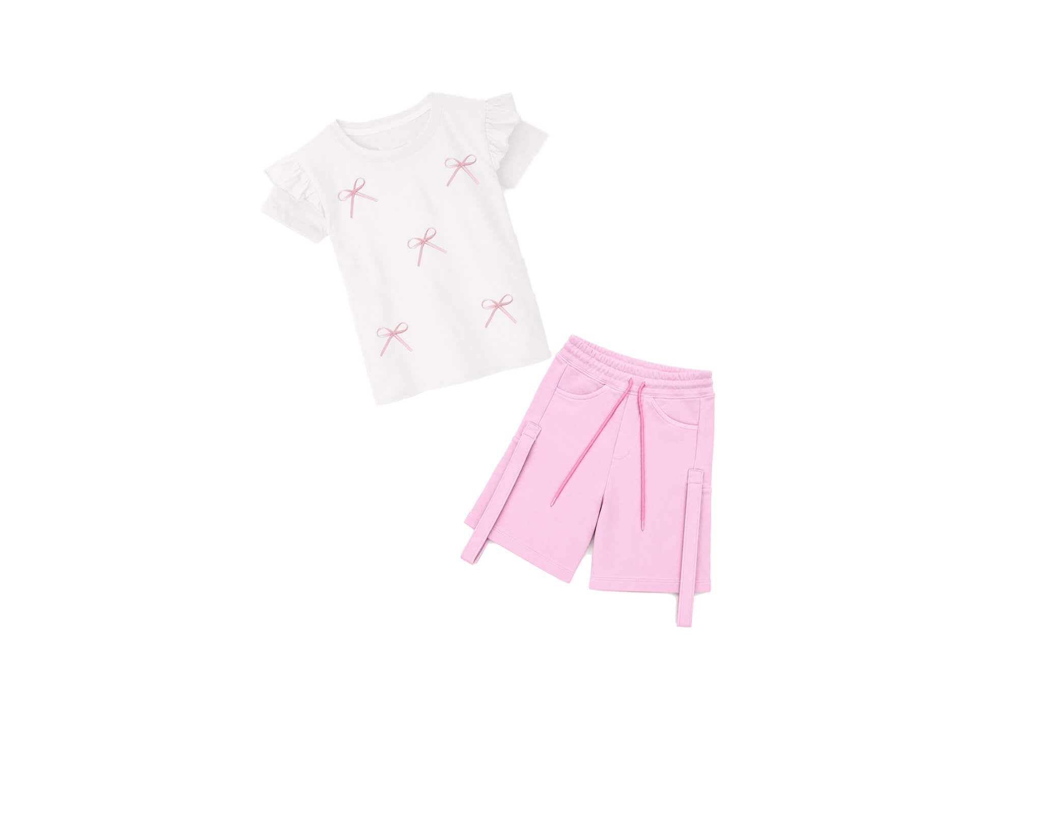 Pink Little Ribbons Bow Frill Sleeves Tee & Cargo Terry Short - White & Pink-3