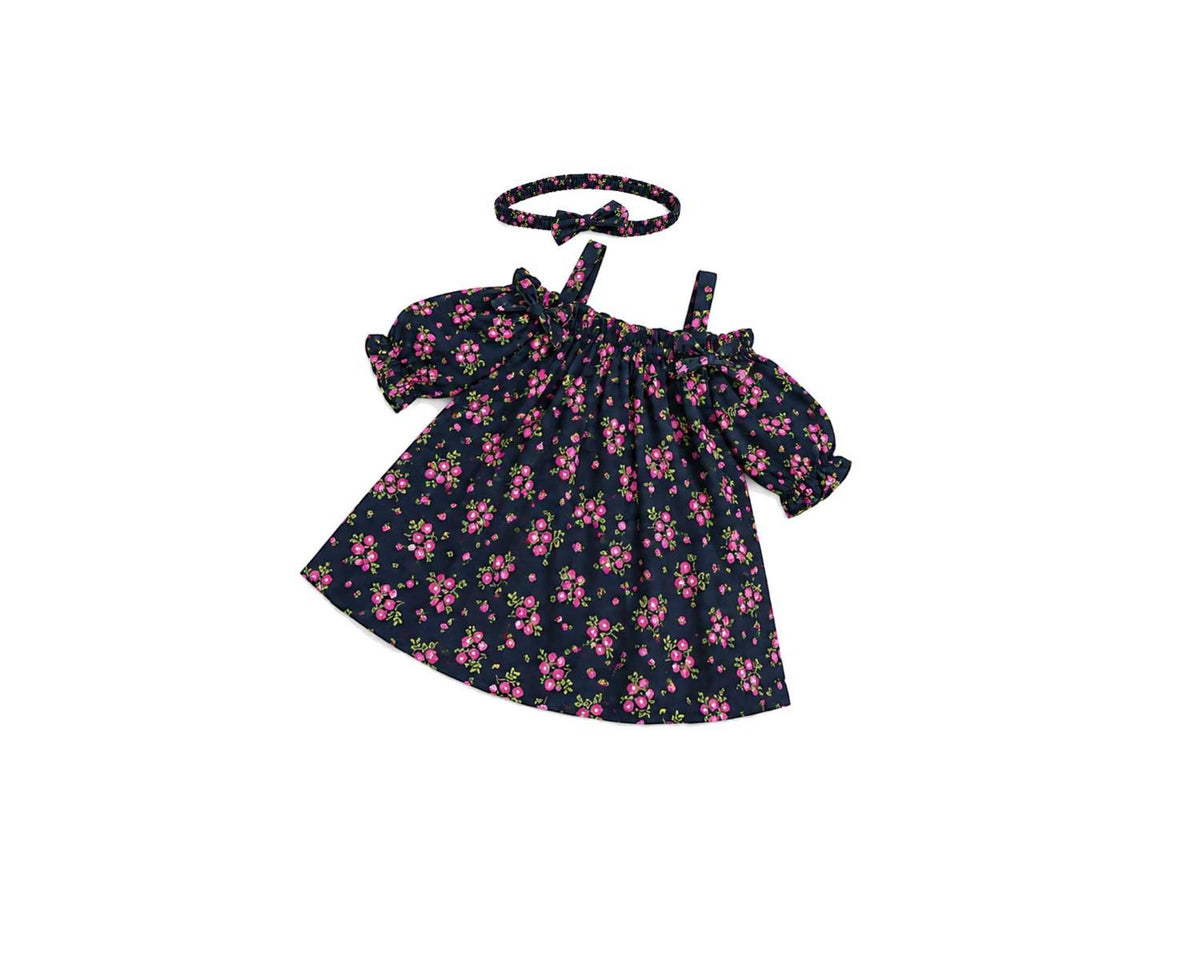 Pink Rose Printed Frock With Hairband - Black