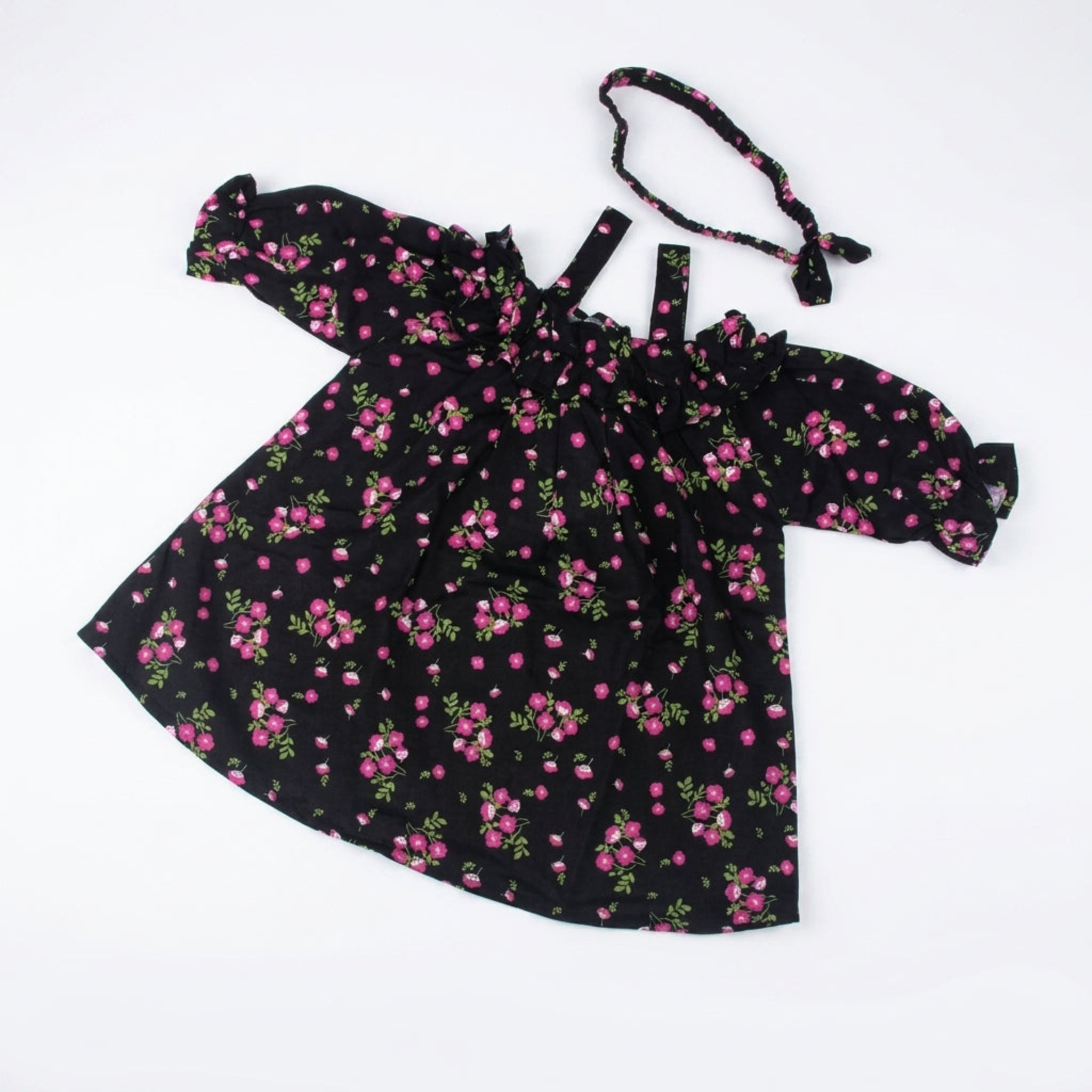 Pink Rose Printed Frock With Hairband - Black