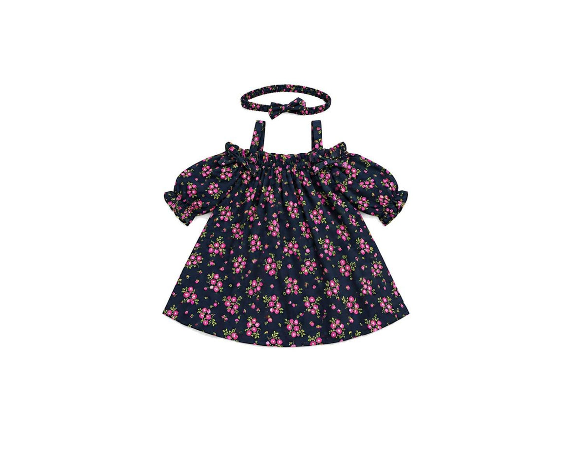 Pink Rose Printed Frock With Hairband - Black