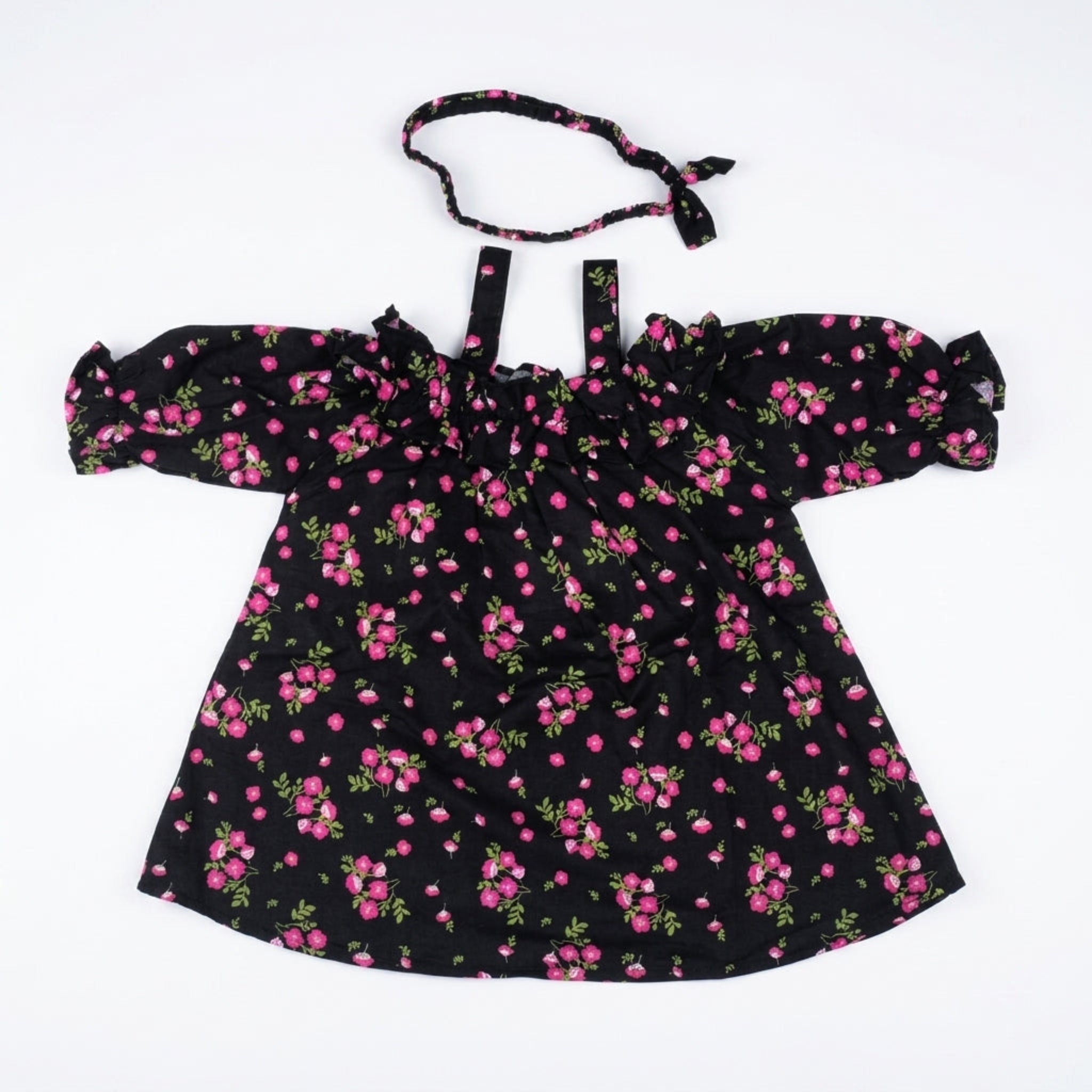 Pink Rose Printed Frock With Hairband - Black