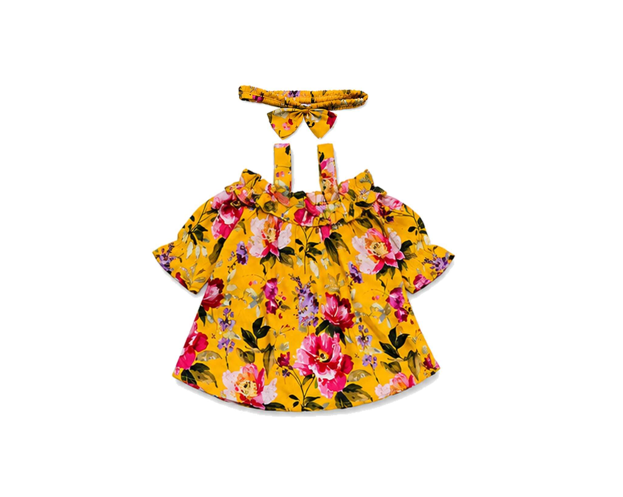 Pink Rose Printed Frock With Hairband - Yellow