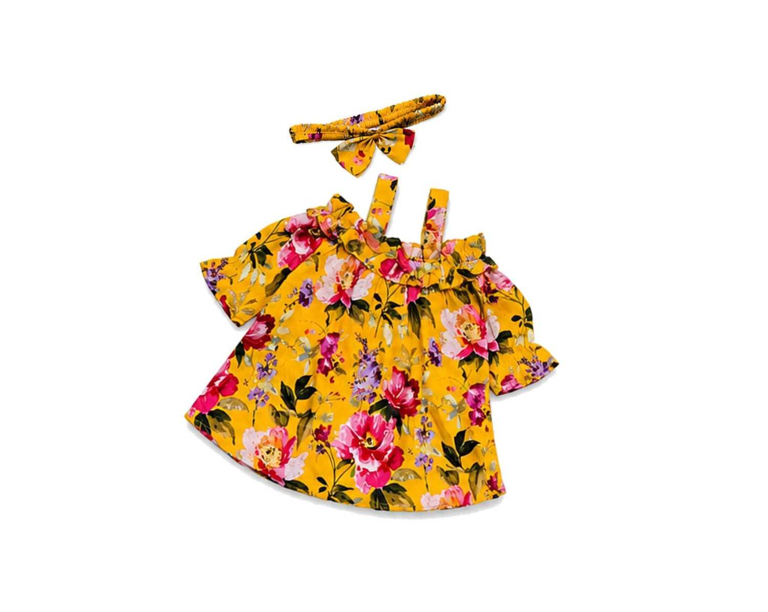 Pink Rose Printed Frock With Hairband - Yellow1