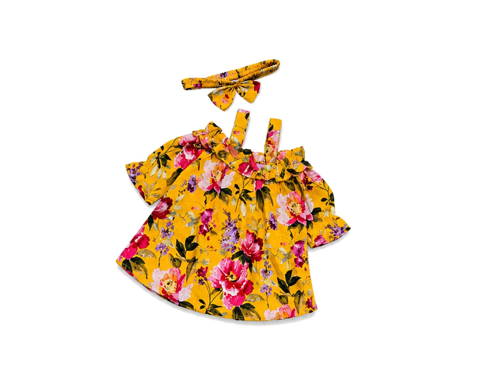 Pink Rose Printed Frock With Hairband - Yellow1