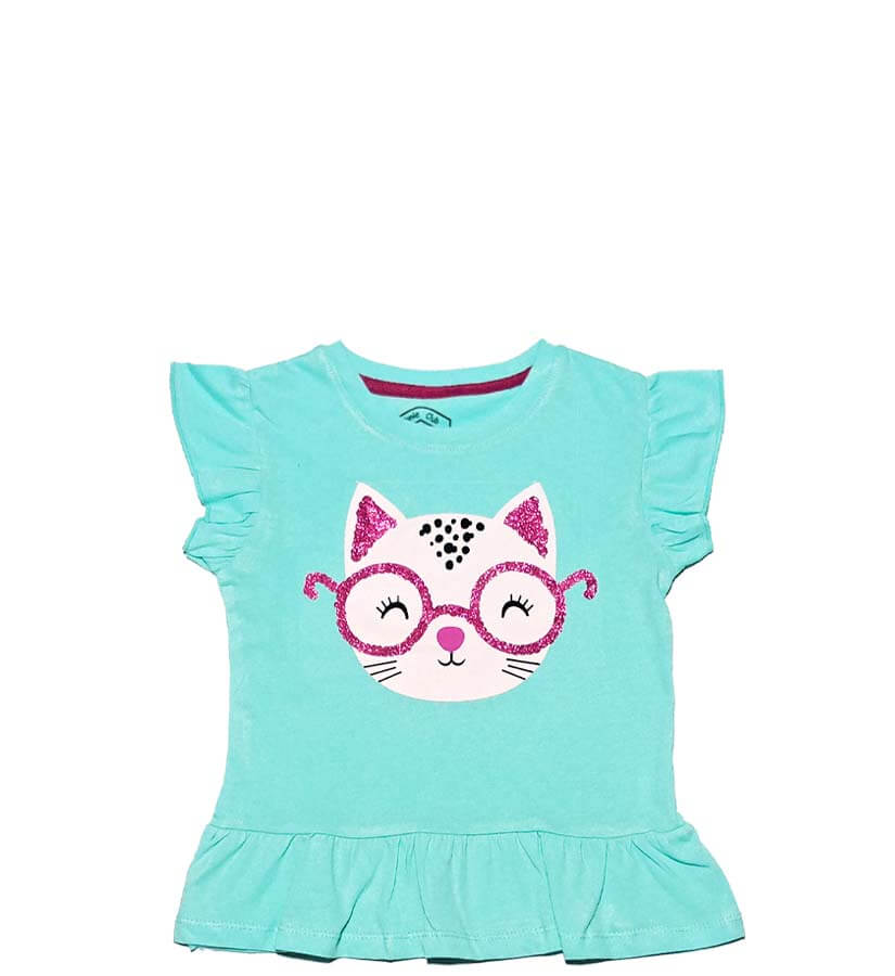 Pink Sequence Glasses Cat Tea Shirt - Aqua