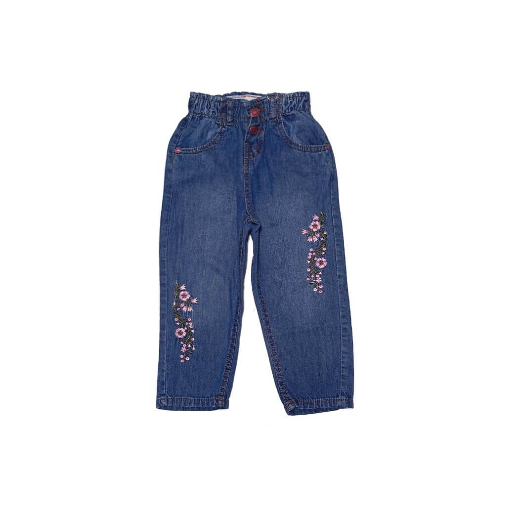 Pink Twin Florals Baggy Elastic Wais tDenim Pant-DarkBlue