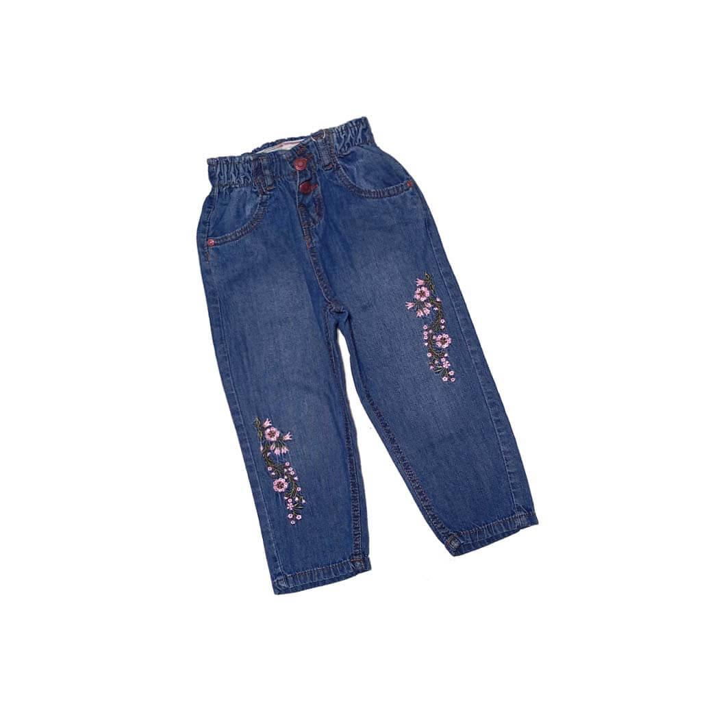 Pink Twin Florals Baggy Elastic Waist Denim Pant-DarkBlue1