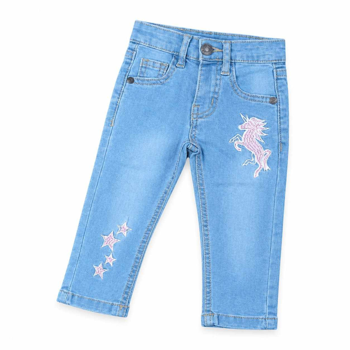 Pink Unicorn & Star Denim pent - Light Blue