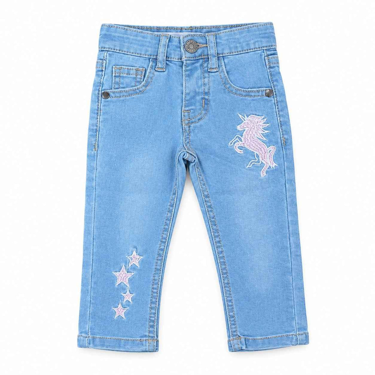 Pink Unicorn & Star Denim pent - Light Blue