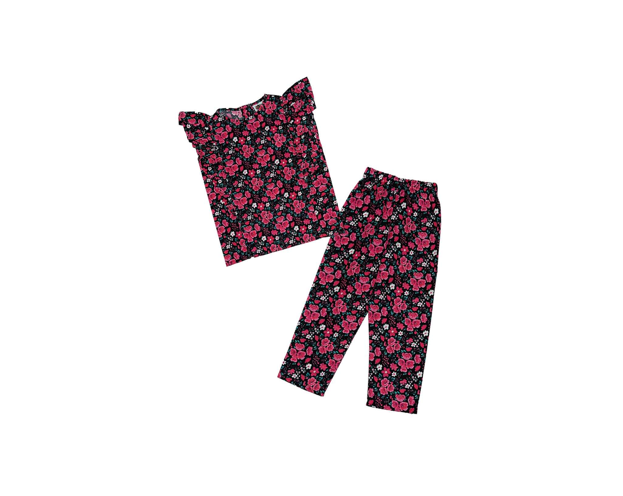 Pinkish Flowers Frill Stylish Cotton Top &amp; Trouser - Black
