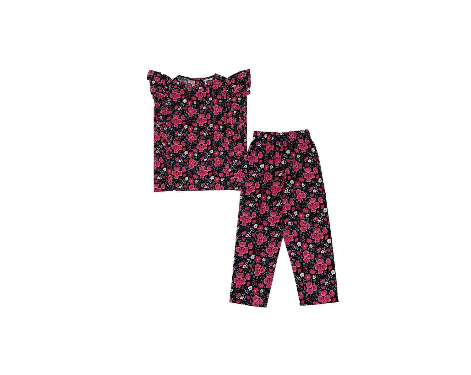 Pinkish Flowers Frill Stylish Cotton Top &amp; Trouser - Black