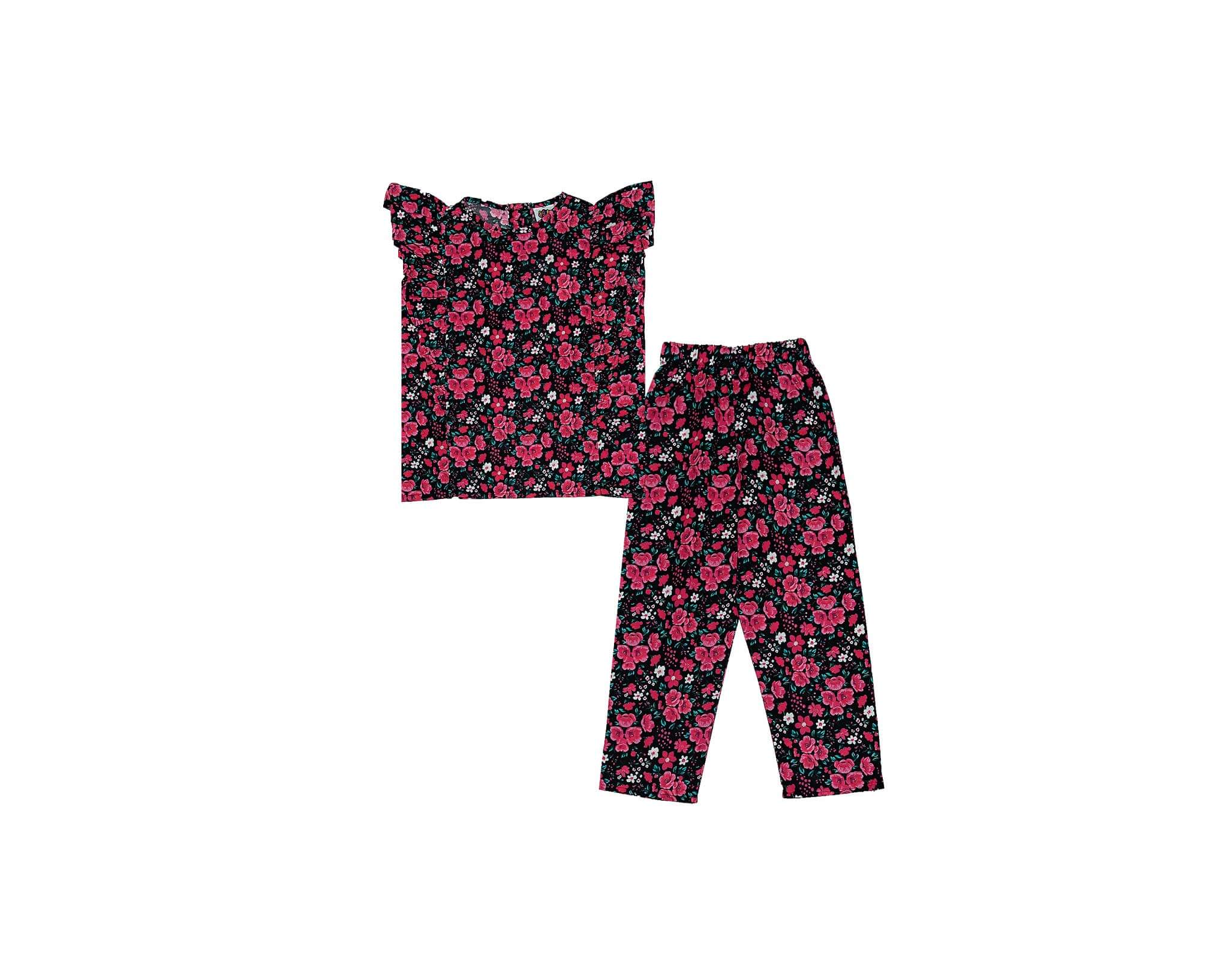 Pinkish Flowers Frill Stylish Cotton Top &amp; Trouser - Black
