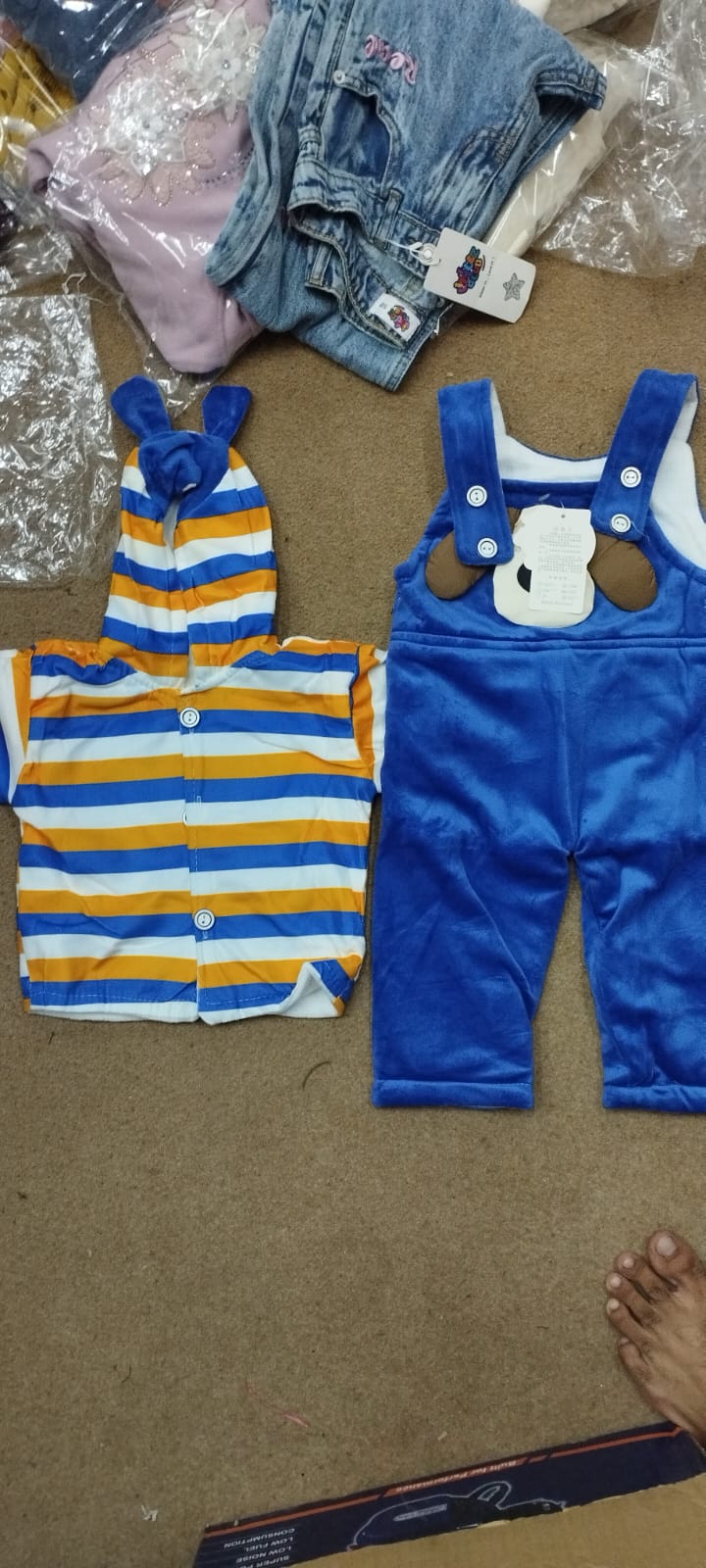 Playful Puppy Plush Dungaree & Striped Hooded Jacket Set - Royal Blue