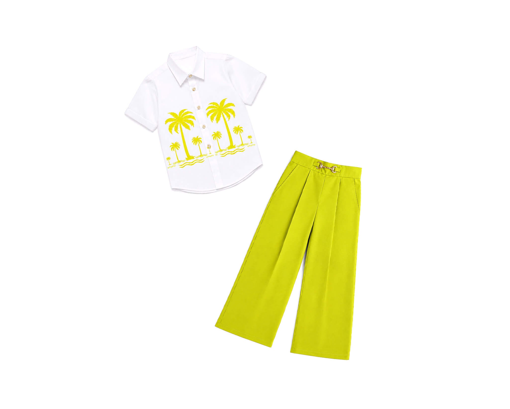 PlumTreePrintedCasualCottonShirtWithWideLegPant-White