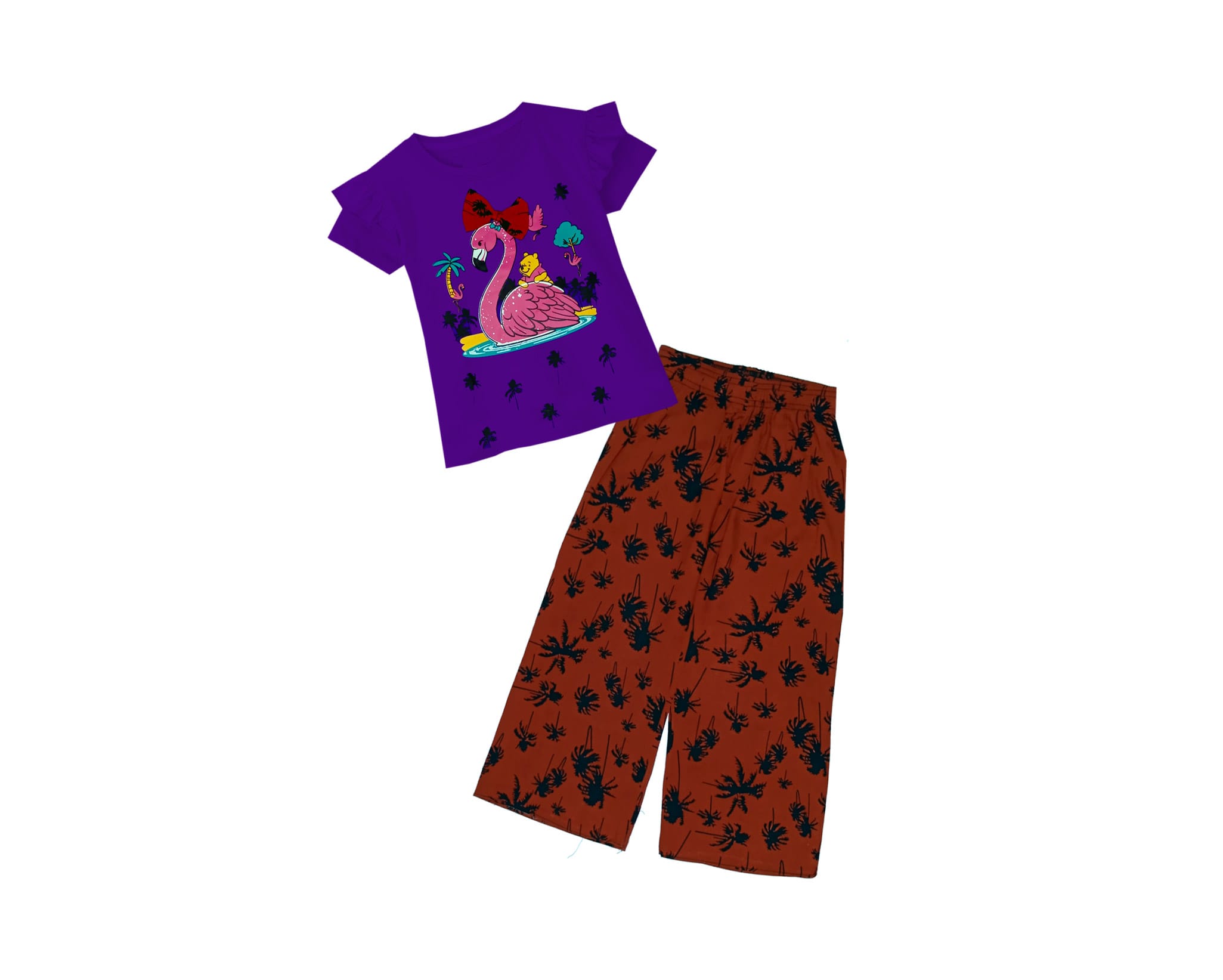 Pooh & Flamingo Tee Shirt & Plazzo - Plum & Brown