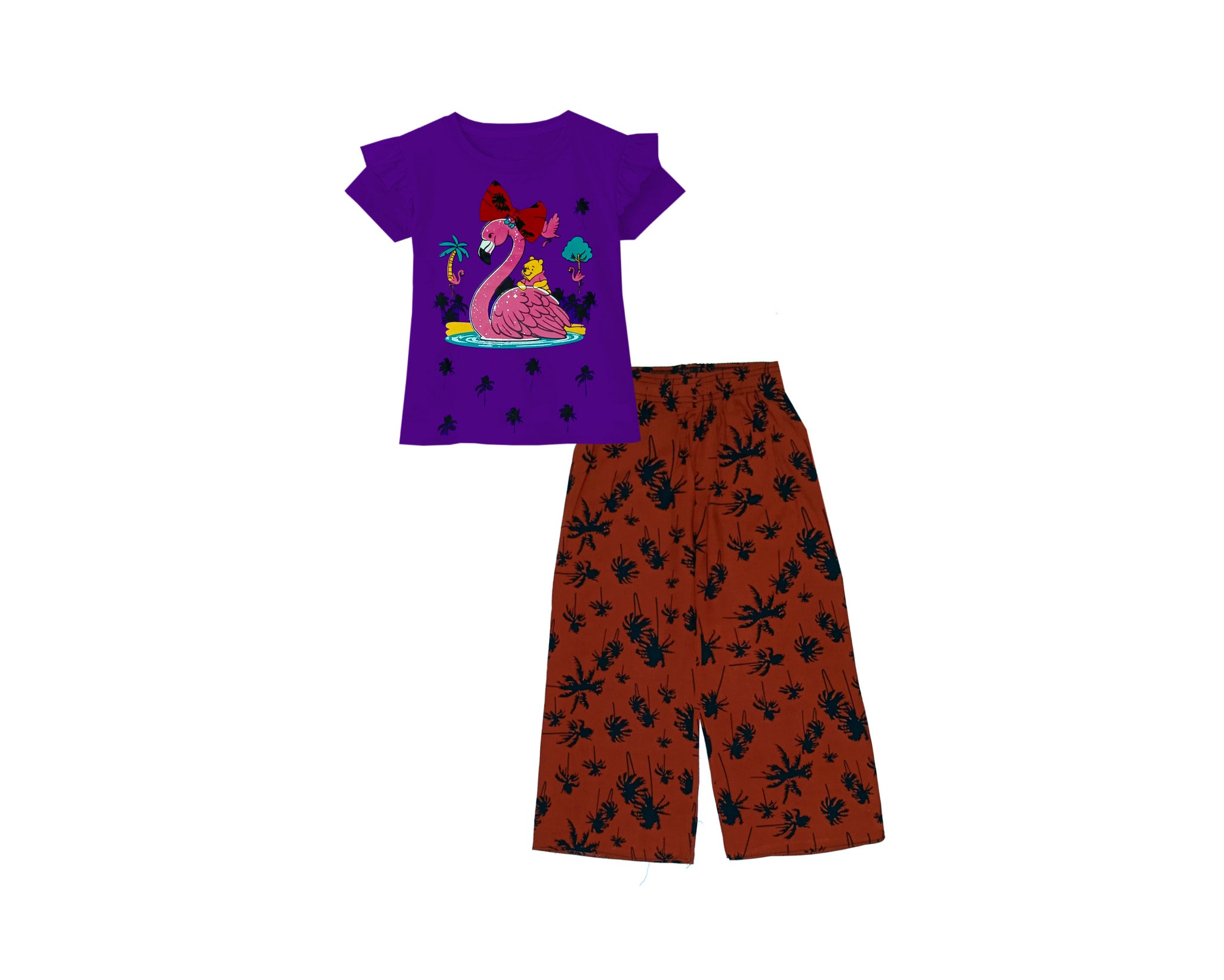 Pooh & Flamingo Tee Shirt & Plazzo - Plum & Brown