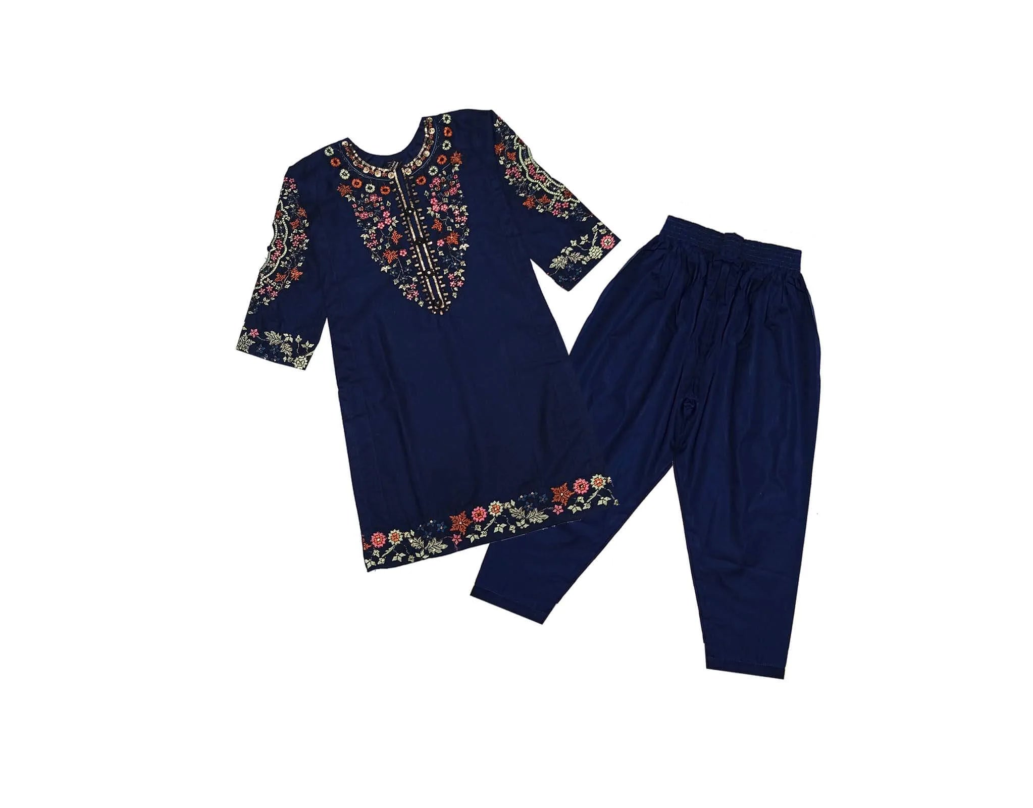 Preety Florals Embroiderd Khaddar Kameez &amp; Trouser - Navy Blue