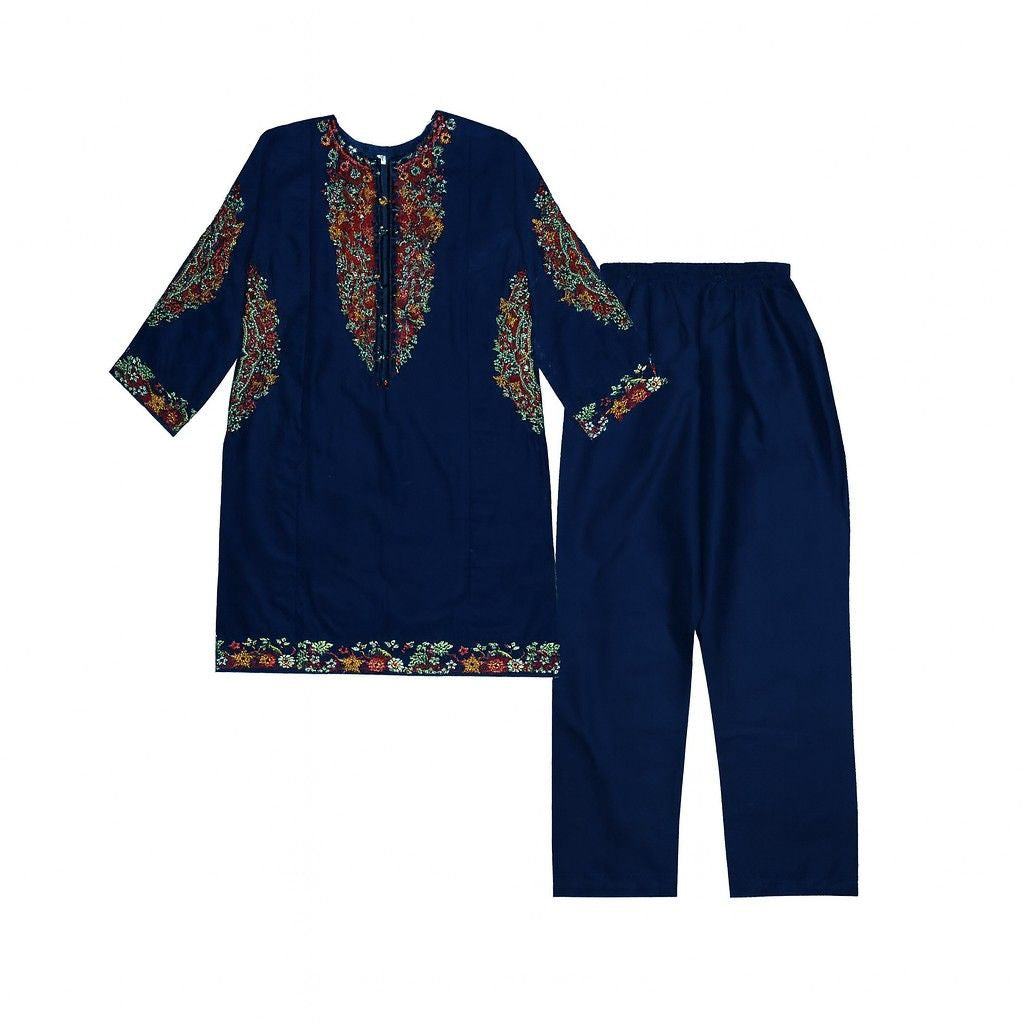 Preety Florals Embroiderd Cotton-Kameez Trouser-Navy Blue