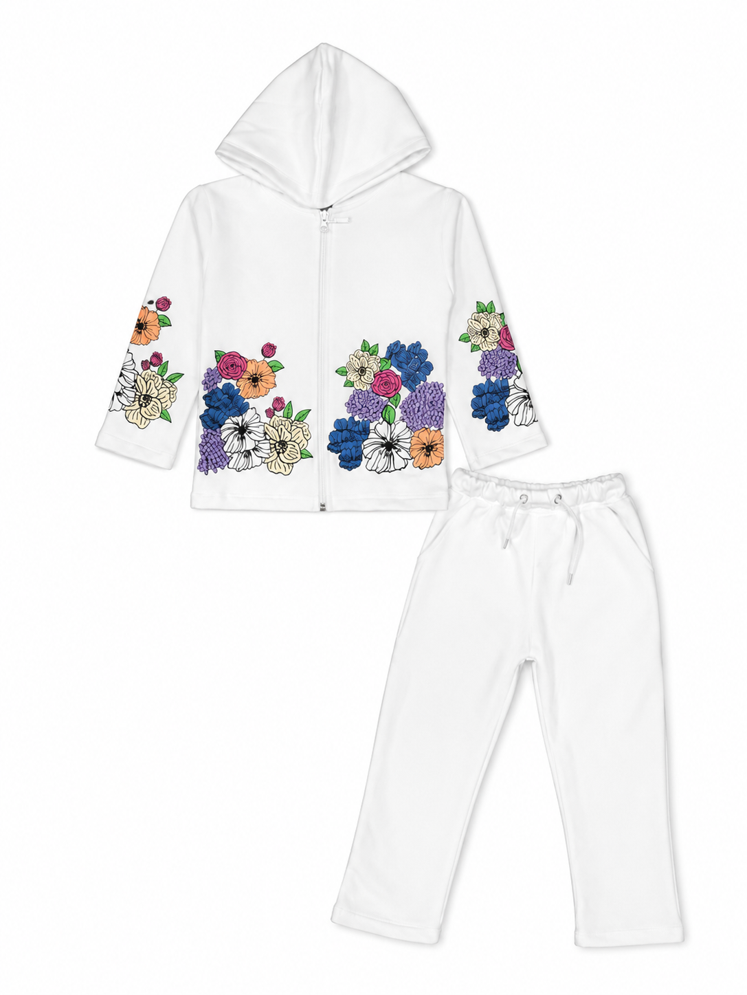 Premium Flowers Sleeve Printed Fleece Tracksuit - White