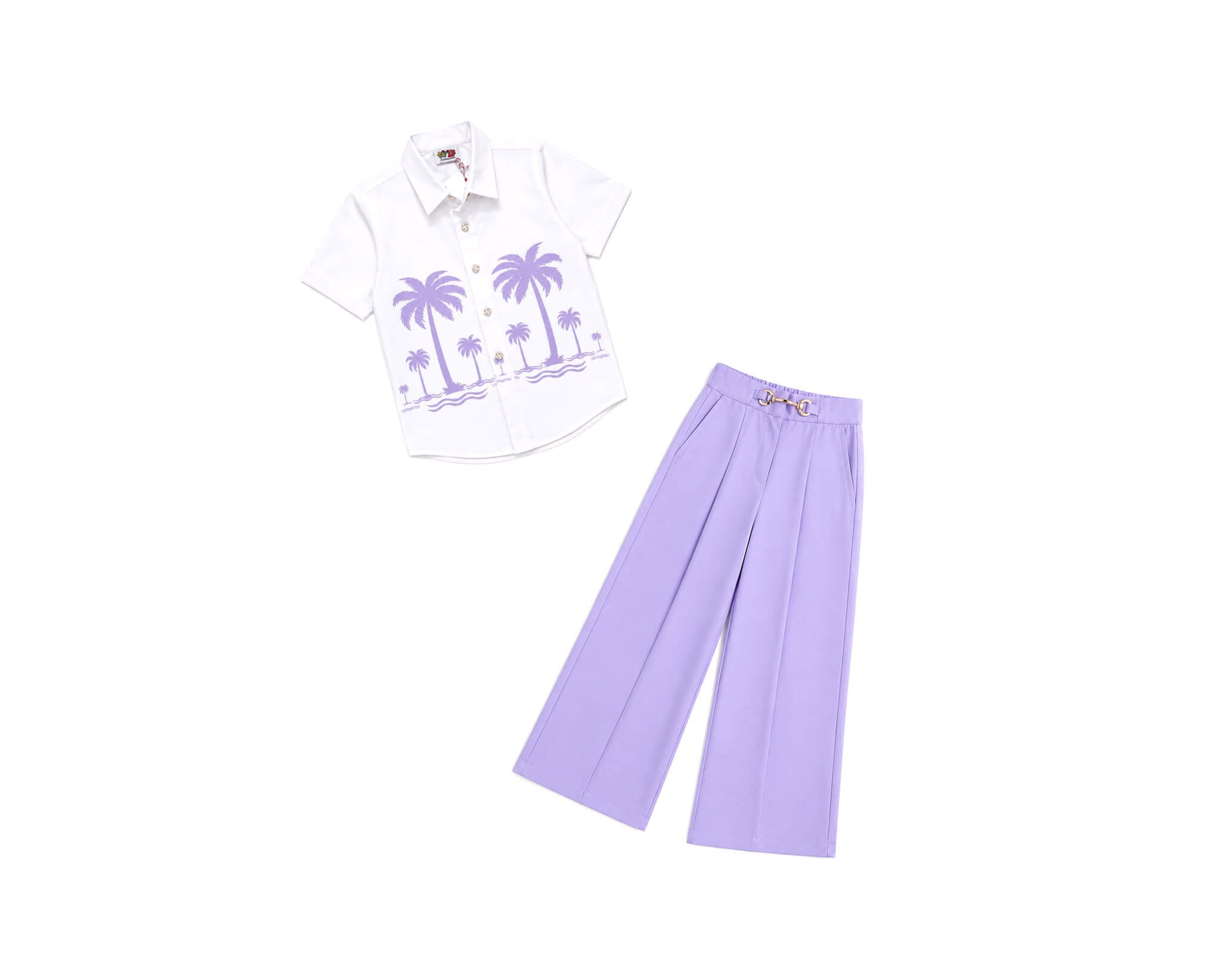 Premium Look Casual Cotton Shirt With Wide Leg Pant - White & Purple