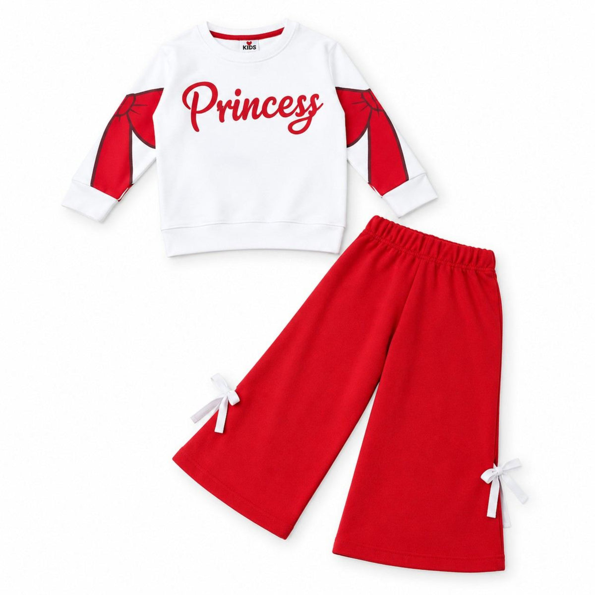 Princess Print Whit Bow Fleece Tracksuit - White & Red