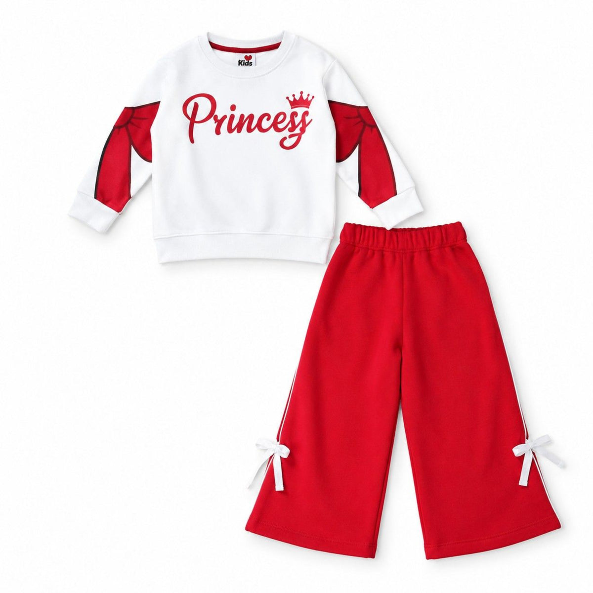 Princess Print Whit Bow Fleece Tracksuit - White & Red