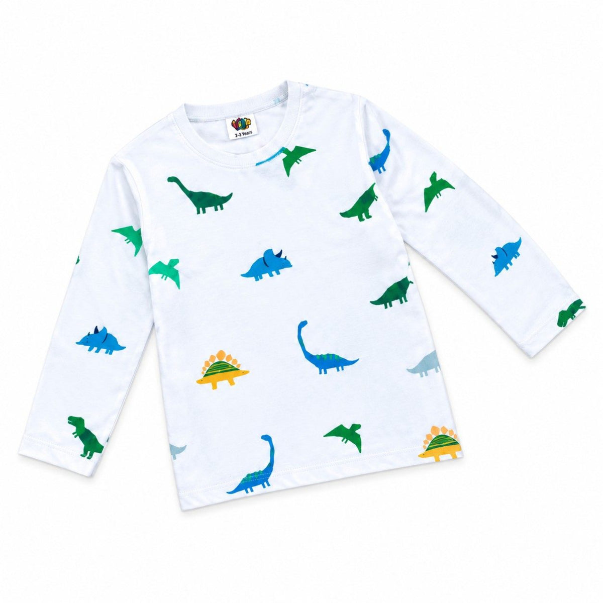 Printed Dinosaur Full-Sleeve Cotton Night Shirt - White 