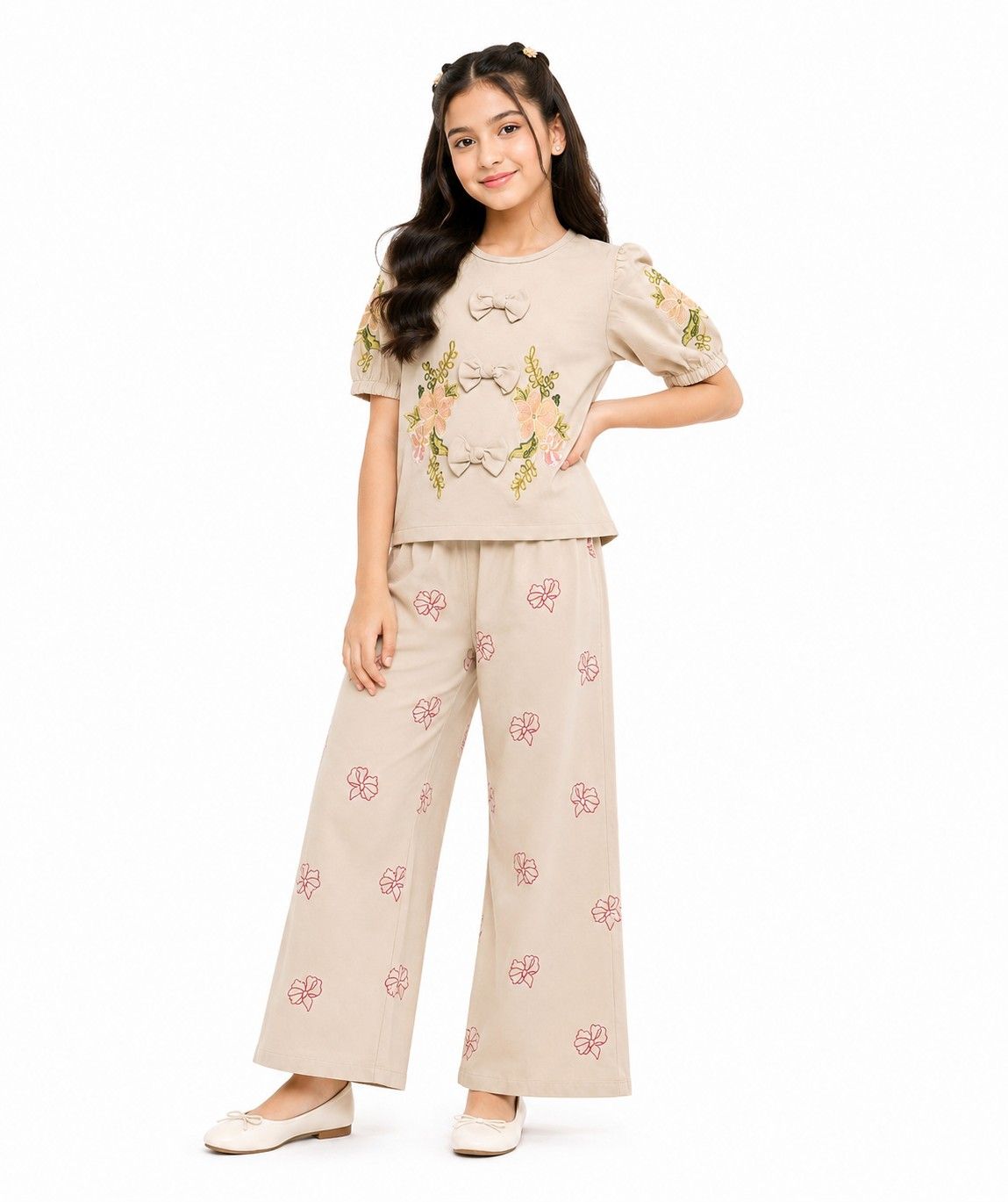 Printed Puff Sleeve With Cute Bow Shirt & Flapper Trouser - Skin