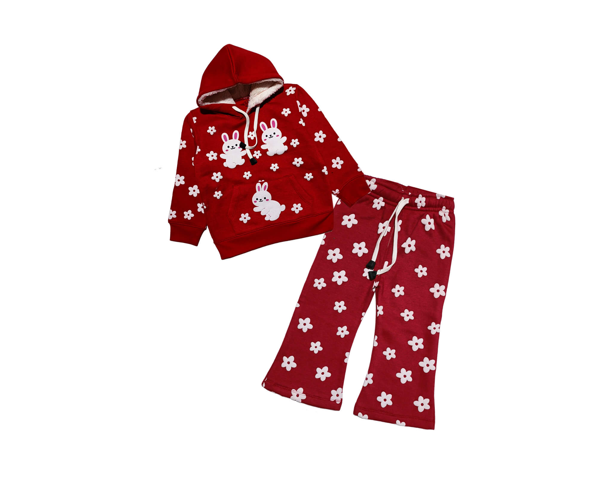 Puff Rabbit with Flowers Hoodie Tracksuits -Red