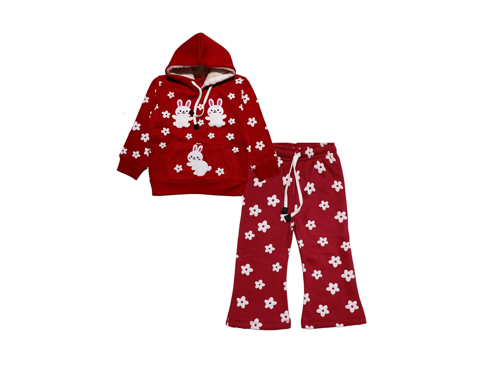 Puff Rabbit with Flowers Hoodie Tracksuits -Red
