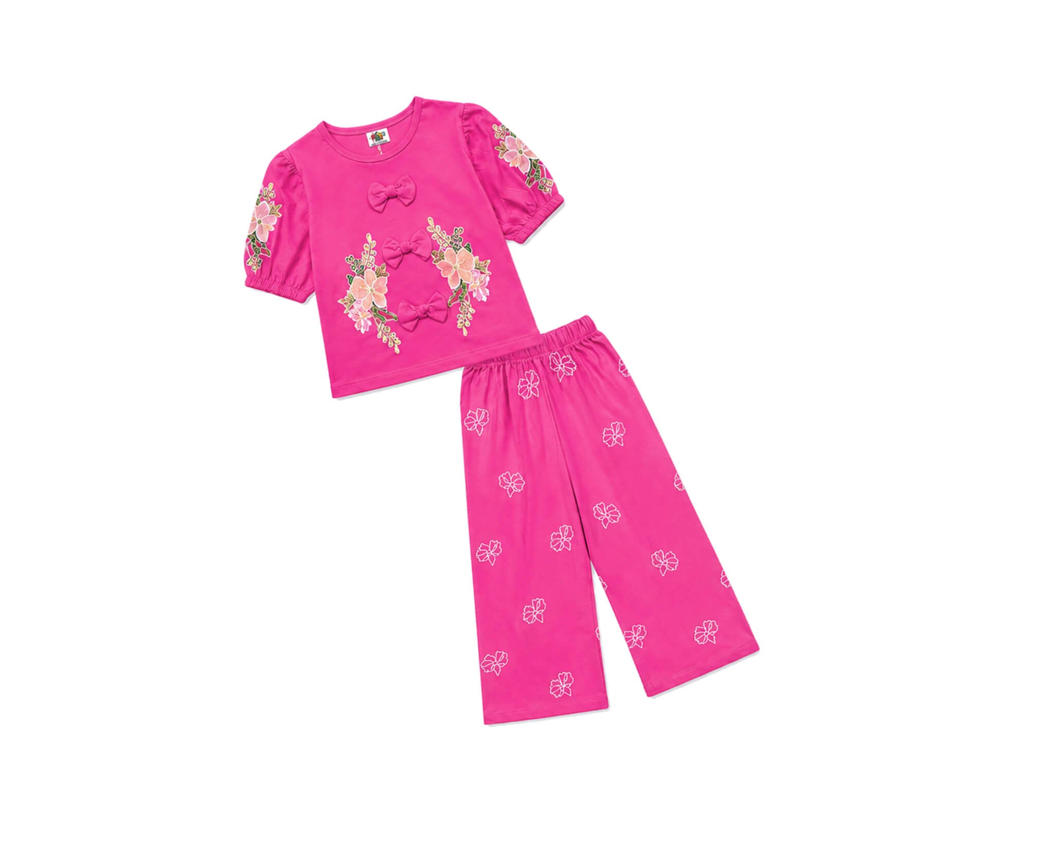 Puff Sleeve Printed With Cute Bow Shirt & Flapper Trouser - Shocking Pink-1