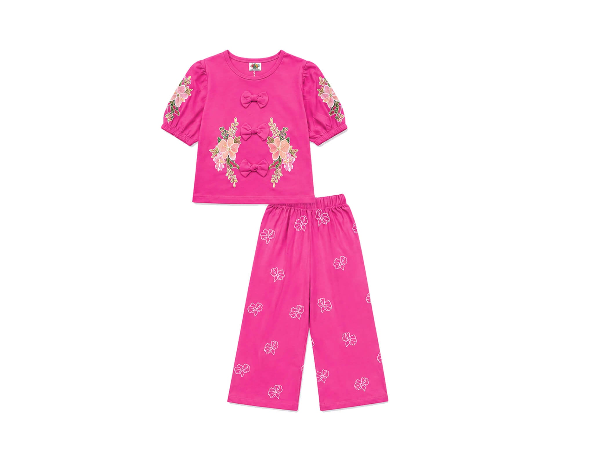Puff Sleeve Printed With Cute Bow Shirt & Flapper Trouser - Shocking Pink