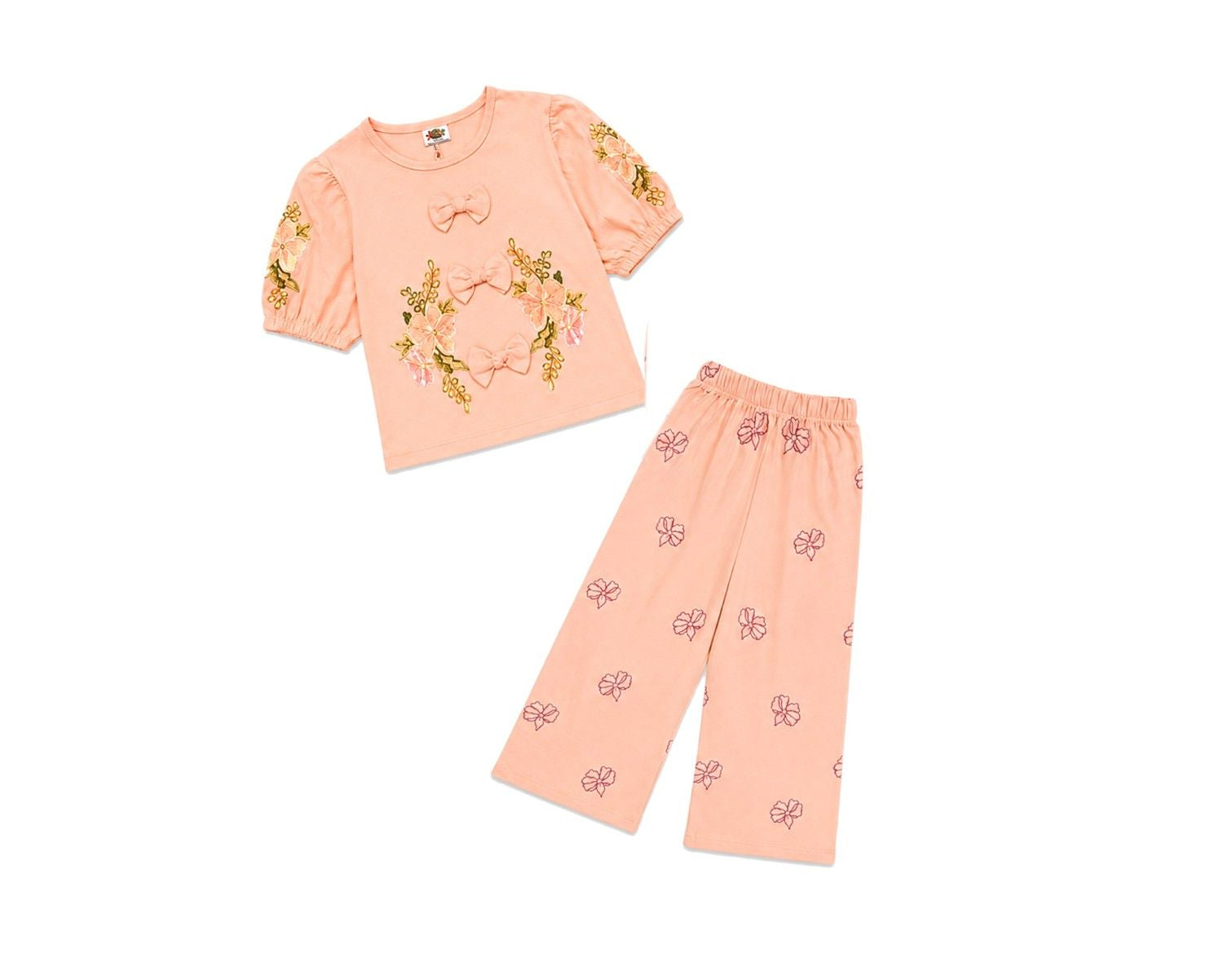 Puff Sleeve With Cute Bow Shirt & Flapper Trouser - Peach