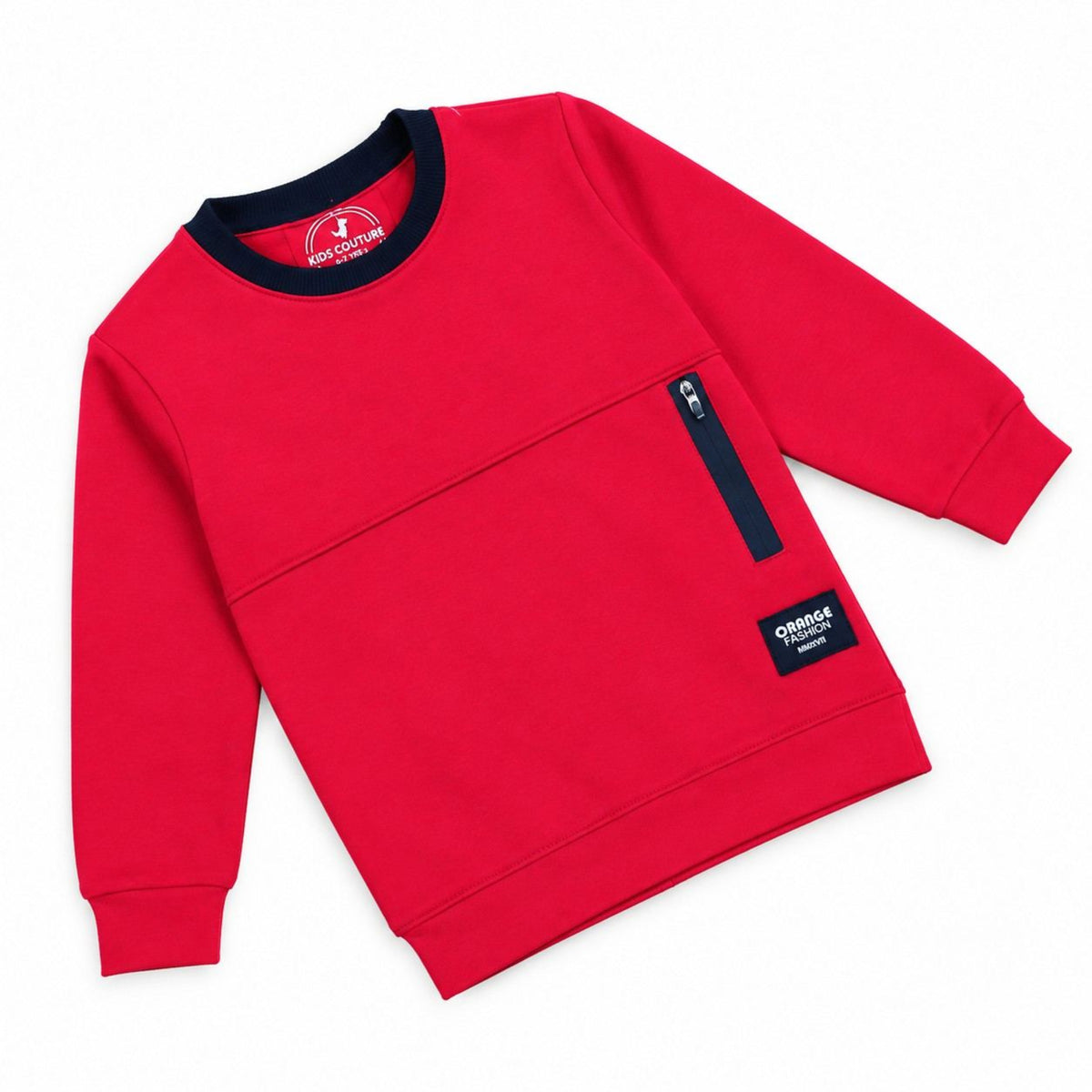  Pullover with Chest Zipper Pocket & Navy Contrast Crew Neck Fleece Sweatshirt -  Red