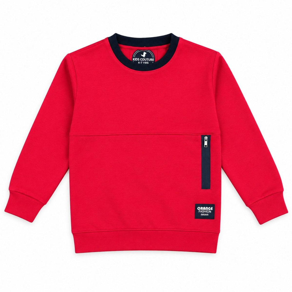  Pullover with Chest Zipper Pocket & Navy Contrast Crew Neck Fleece Sweatshirt -  Red