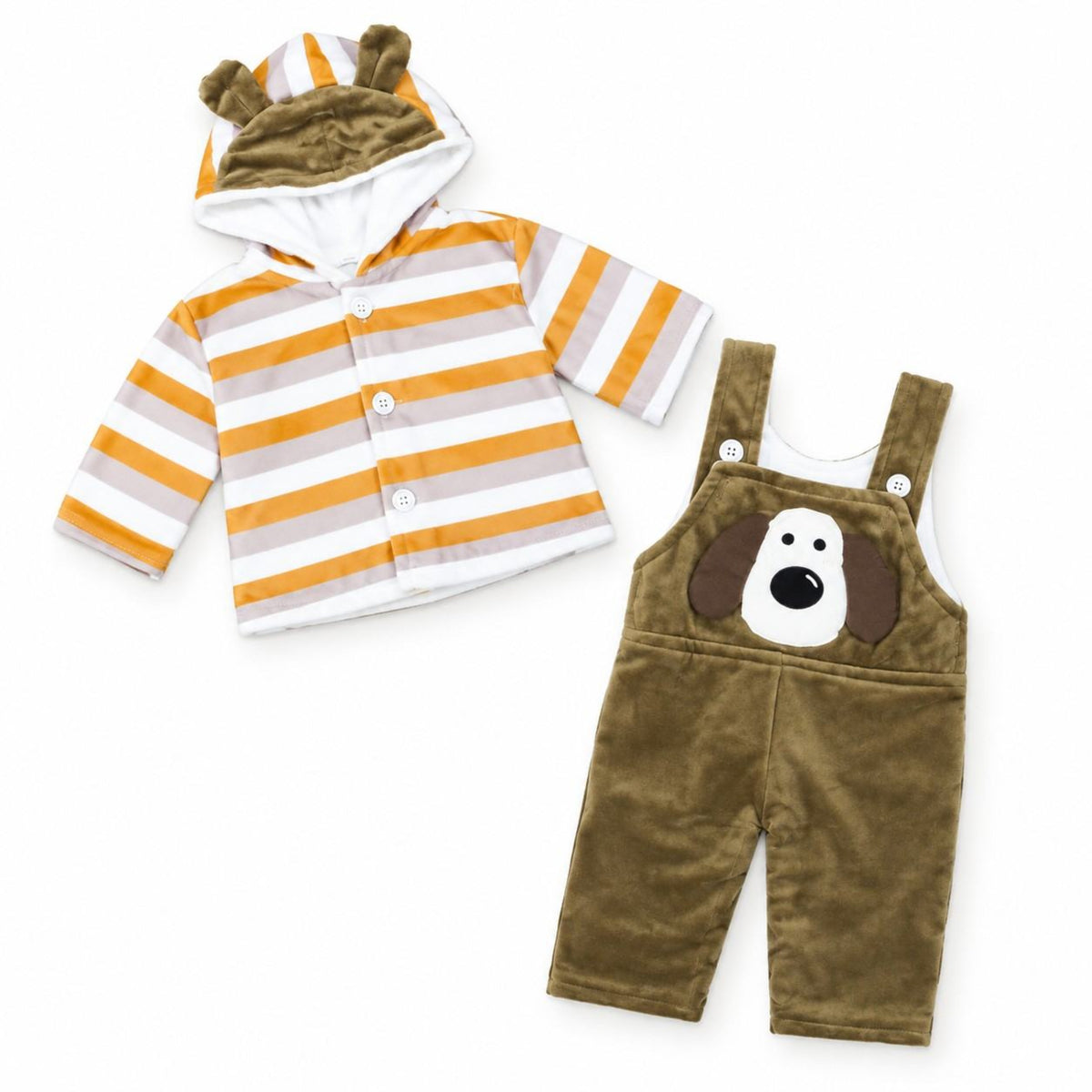Puppy Face Dungaree with Striped Jacket Set - Brown & Mustered