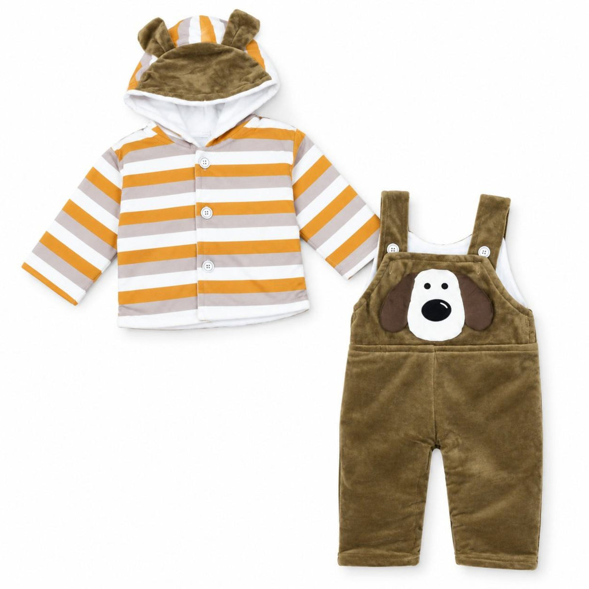 Puppy Face Dungaree with Striped Jacket Set - Brown & Mustered