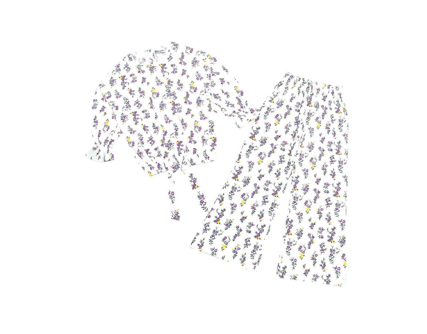Purple Florals Cotton Short Top with Bell Bottom Trouser - White