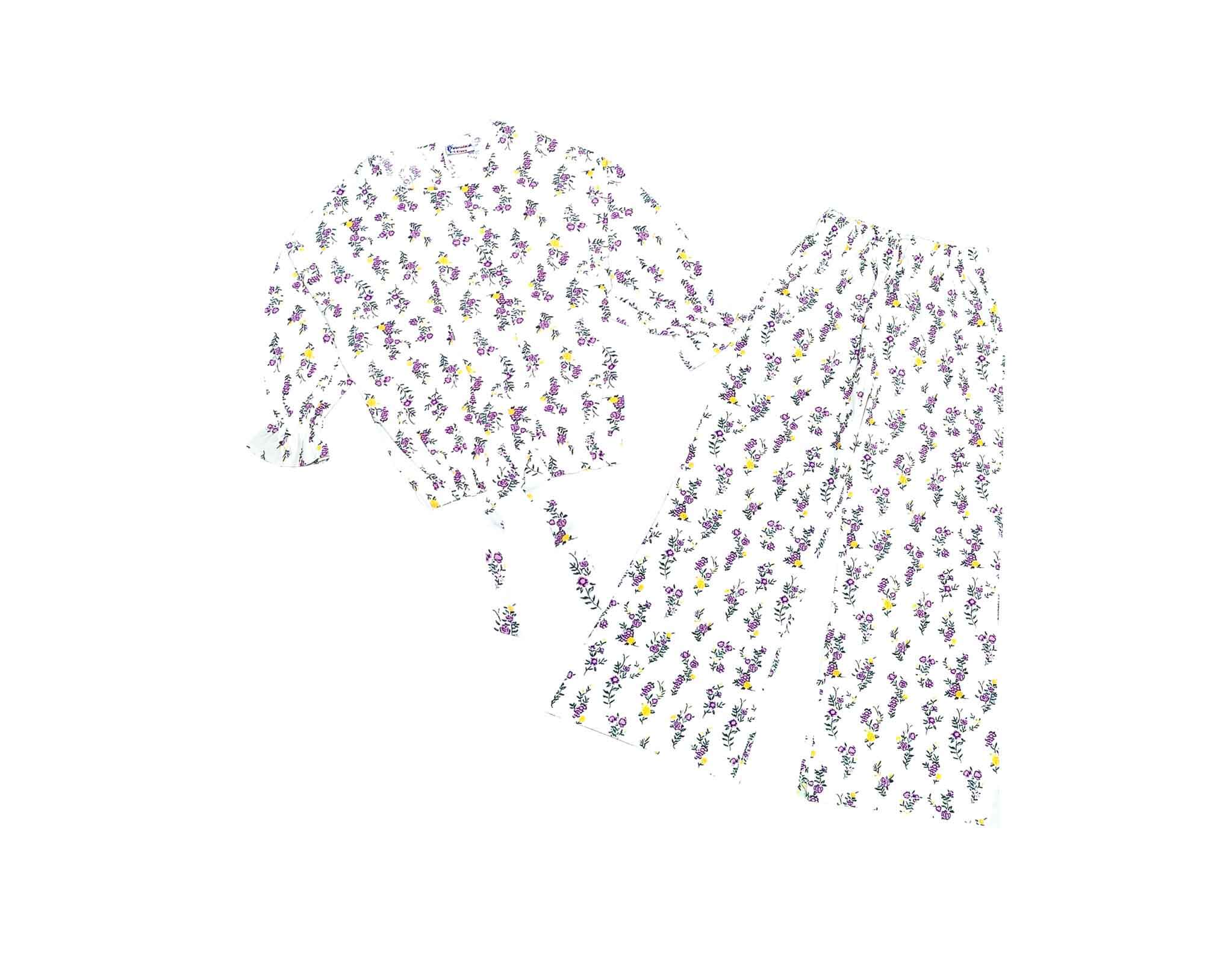 Purple Florals Cotton Short Top with Bell Bottom Trouser - White