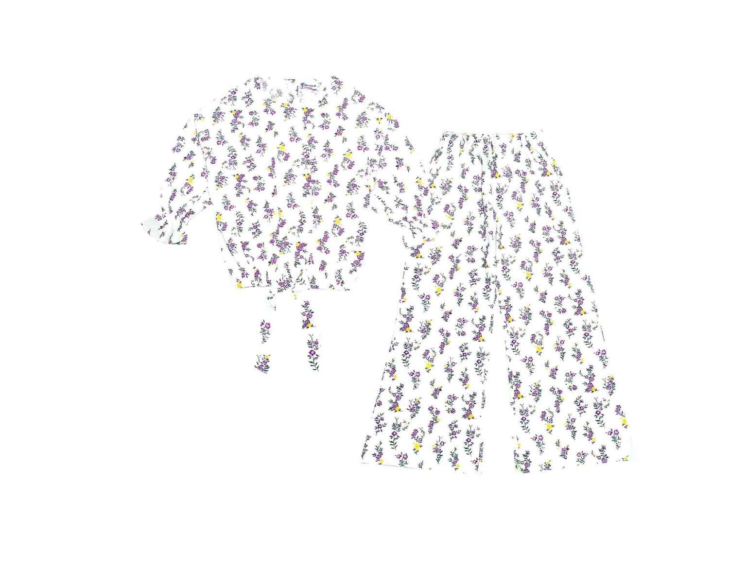 Purple Florals Cotton Short Top with Bell Bottom Trouser - White