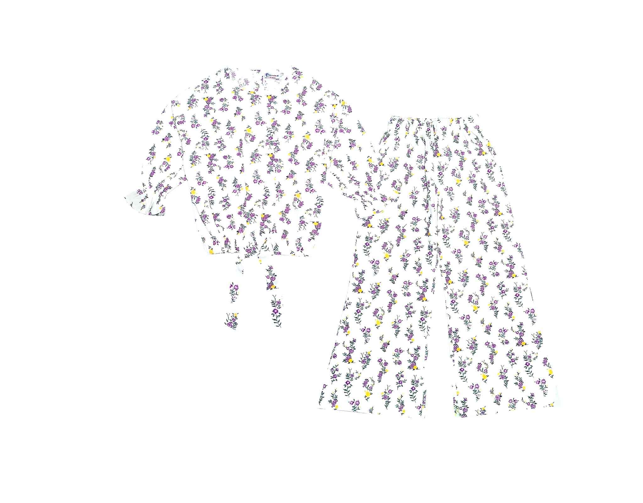Purple Florals Cotton Short Top with Bell Bottom Trouser - White