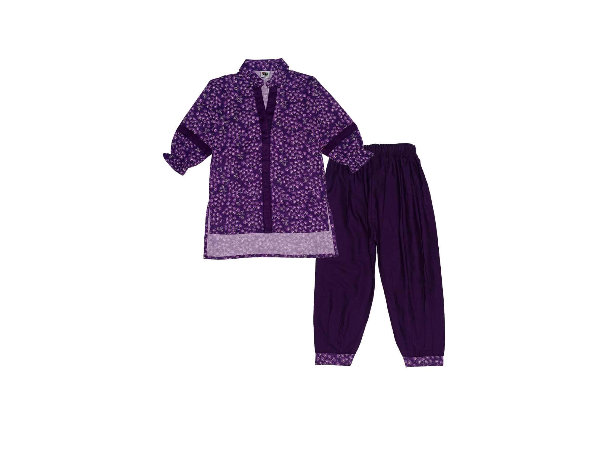 Purple Flowers Khaddar Kurti & Platted Trouser – Purple