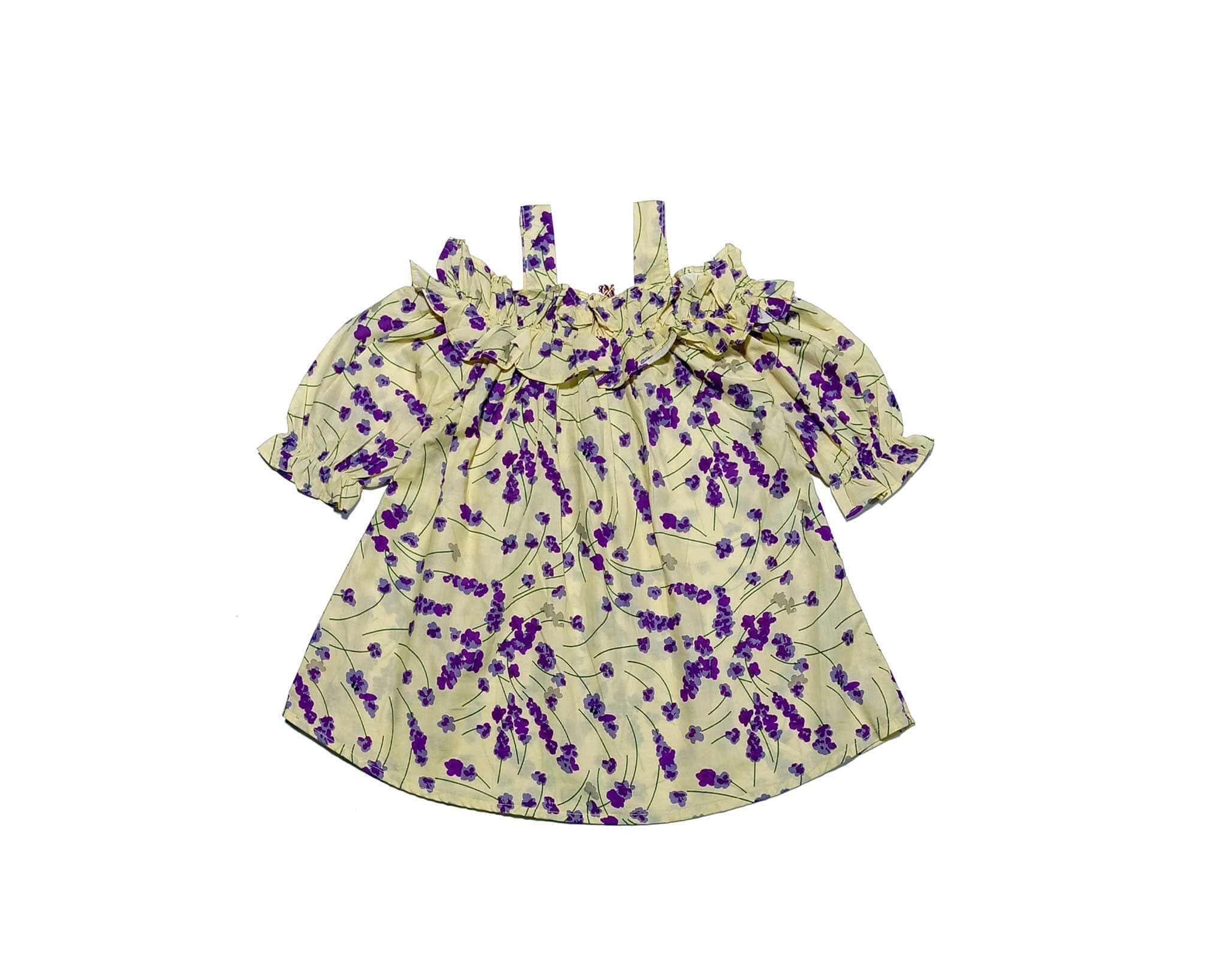 Purple Lillys Frill Body Cotton Short Top -Lime Yellow