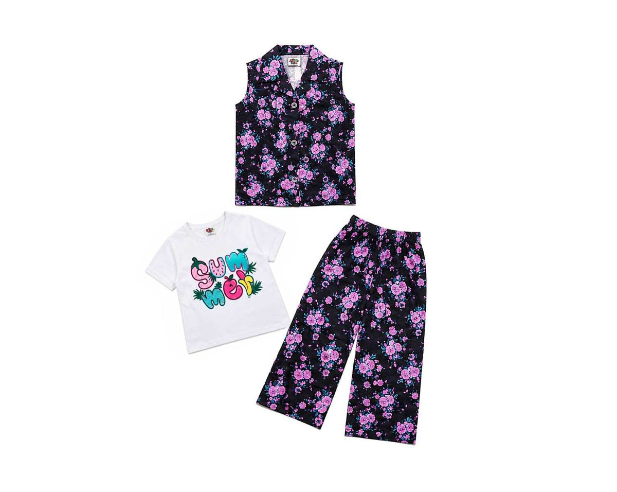 Purple Floral Printed Tee Shirt Sleeveless Inner & Flapper Trouser - Black