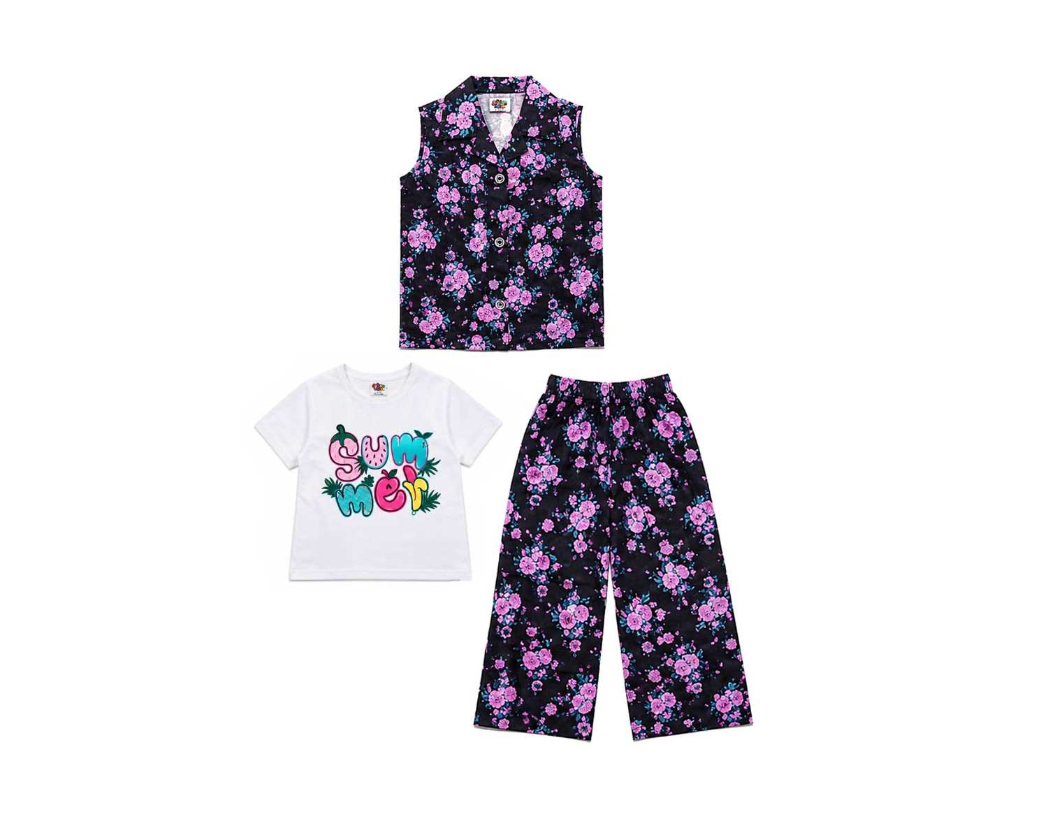 Purple Floral Printed Tee Shirt Sleeveless Inner & Flapper Trouser - Black