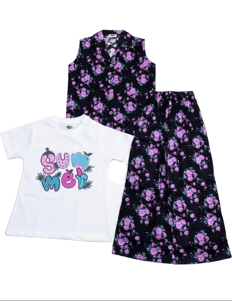 Purple Floral Printed Tee Shirt Sleeveless Inner & Flapper Trouser - Black