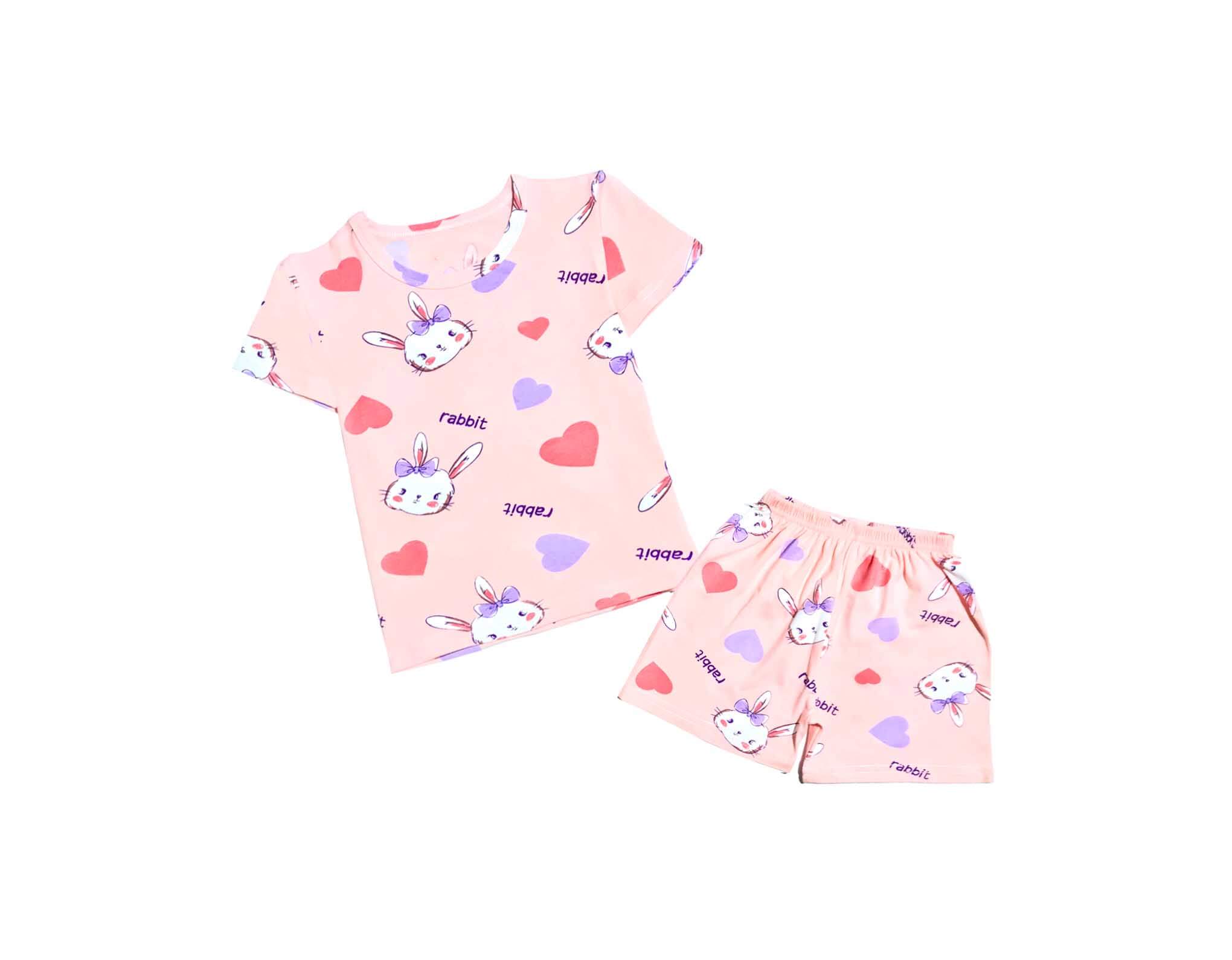Rabbit With Hearts Tee & Short - Peach