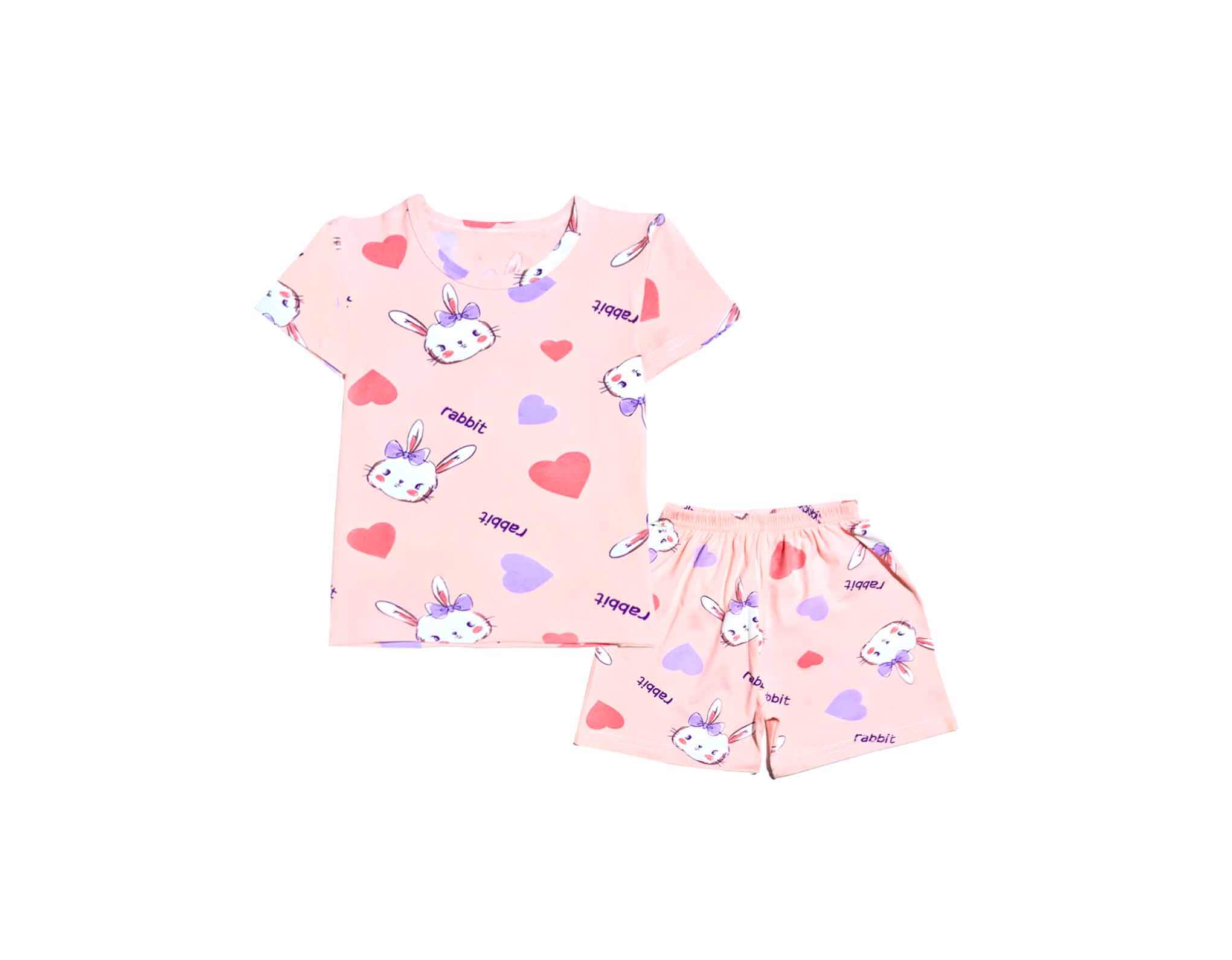 Rabbit With Hearts Tee & Short - Peach
